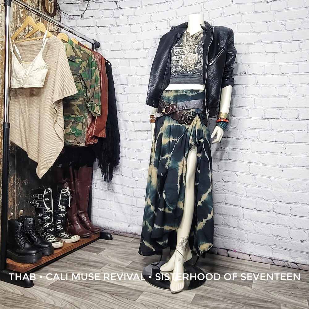 Black & Sand Tie-Dye Maxi Skirt Adjustable Bubble Hem Hi-Low Festival Boho Punk